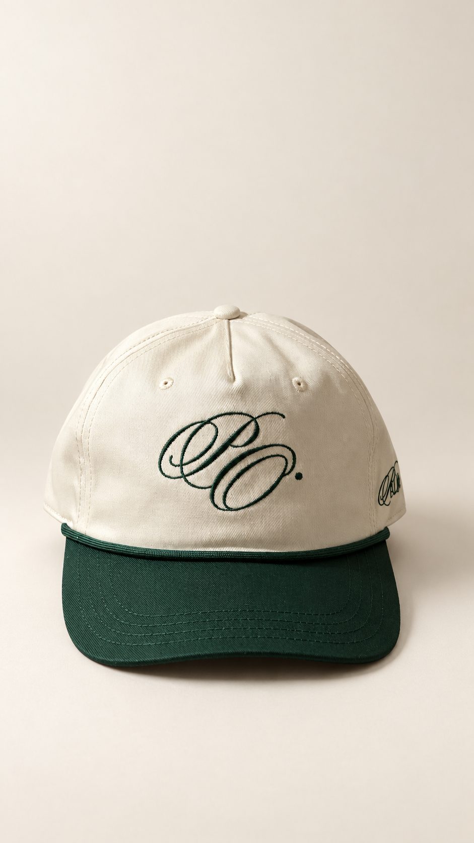Palms Out 5-Panel Unstructured cap with moss green rope, egg crown and PO monogram embroidery