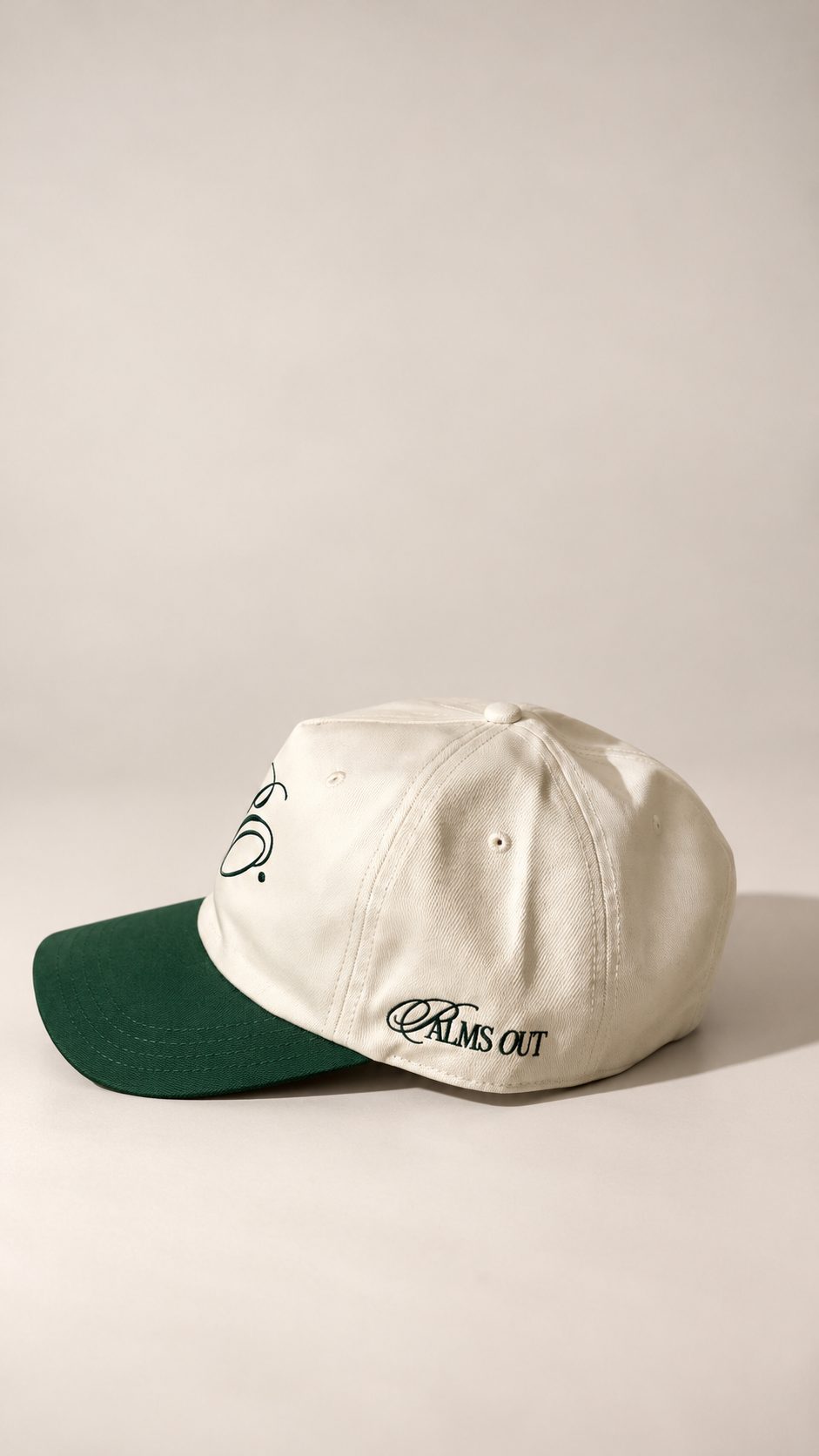 Palms Out script embroidery on the side of the 5-Panel Unstructured cap