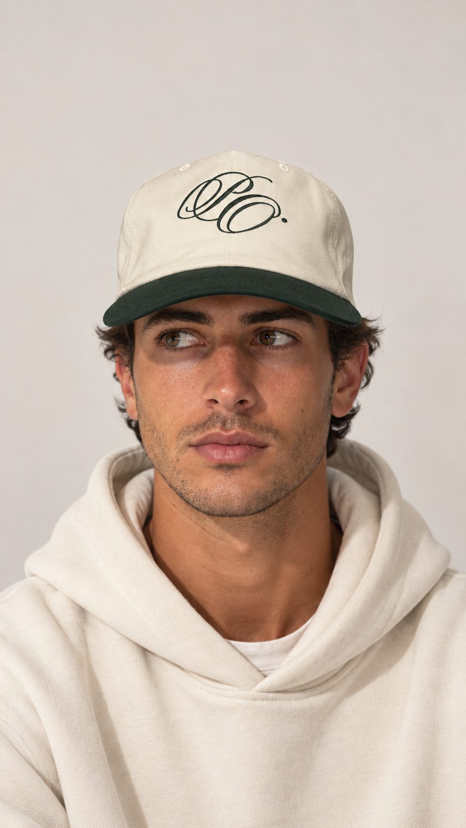 Model wearing the Palms Out 5-Panel Unstructured cap, front view