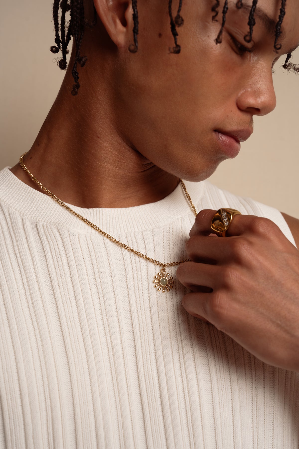AMALFI sun pendant gold necklace, lifestyle photo — Palms Out