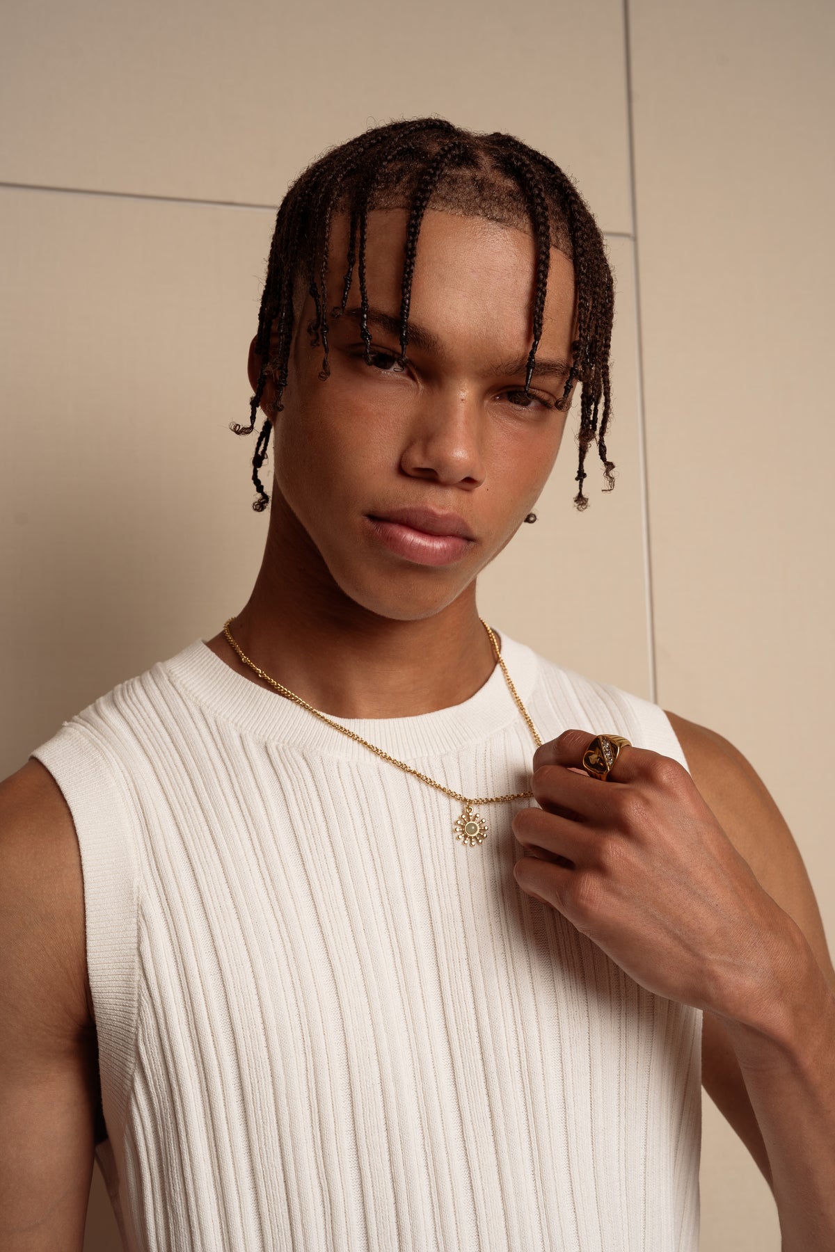 AMALFI sun pendant gold necklace worn on model — Palms Out