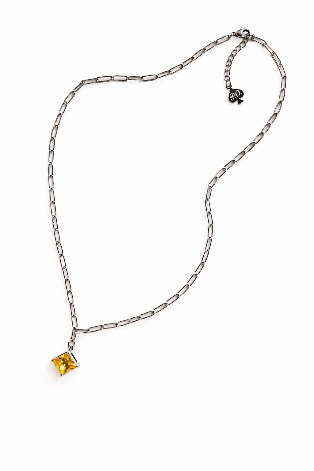 Paperclip chain necklace, stainless steel with a yellow gemstone on a white background