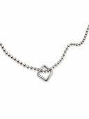 Silver beaded necklace with a square pendant on a white background