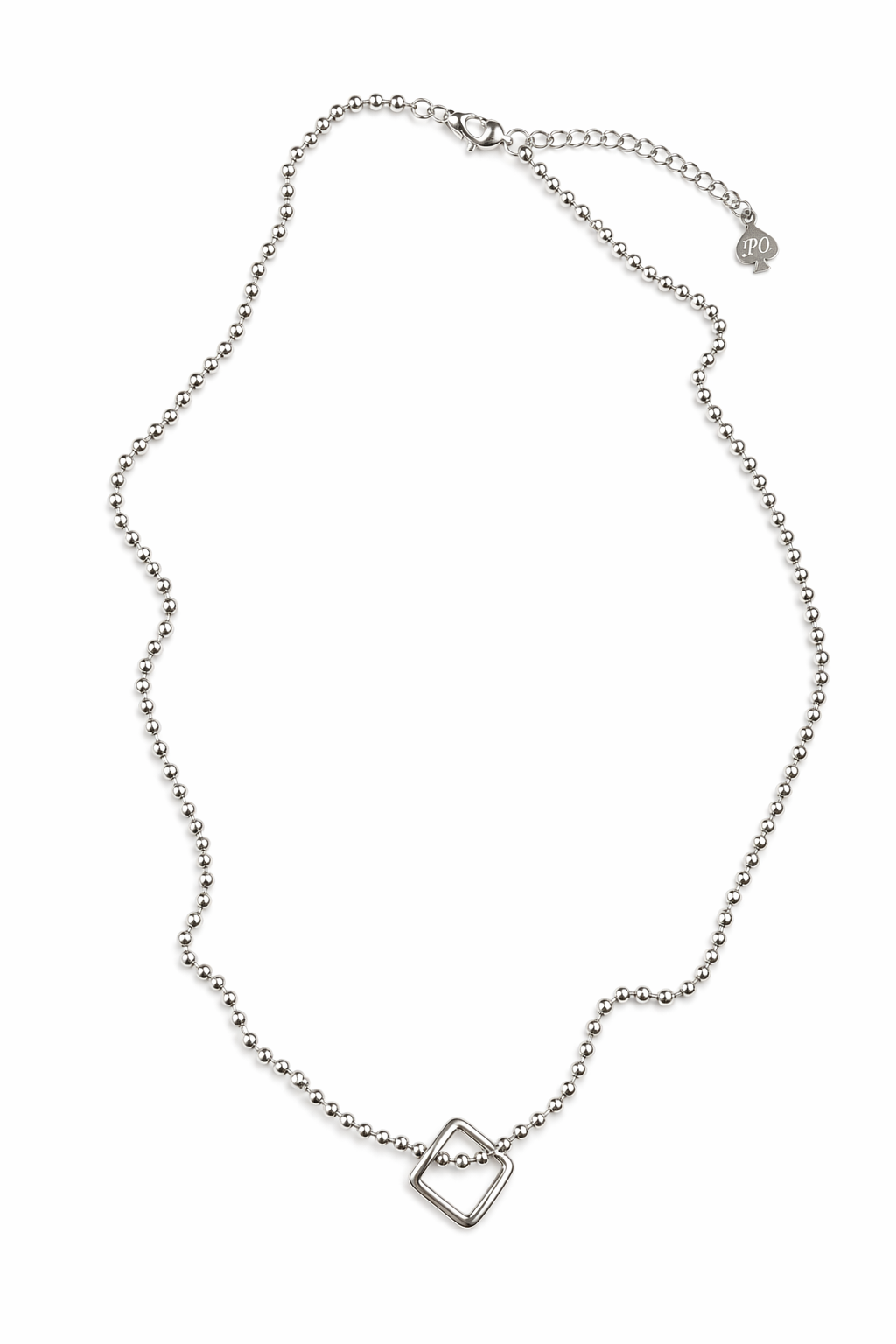 VERONA beaded chain necklace with hollow square pendant on white background — Palms Out