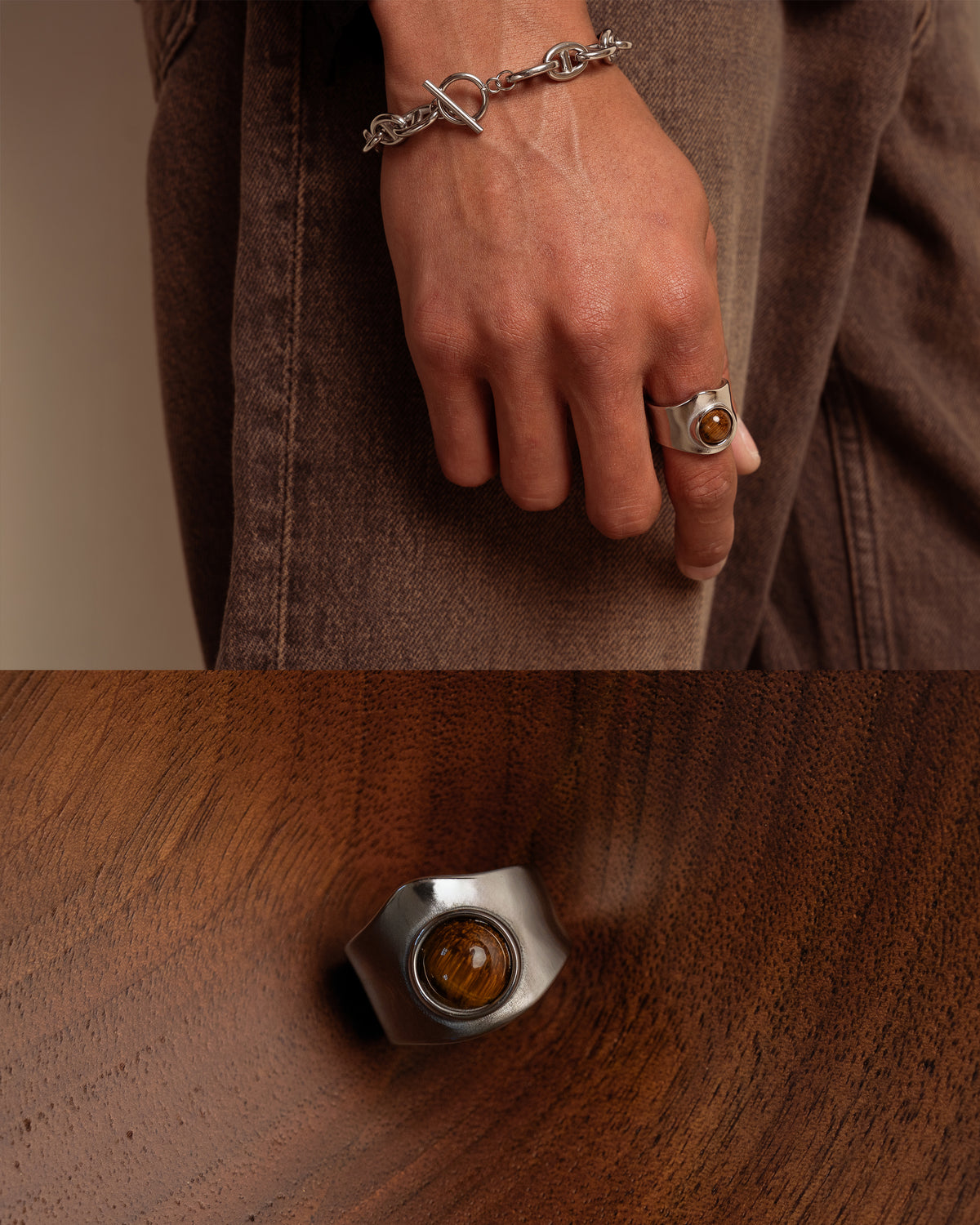 CAIRO tiger's eye statement ring in sculptural stainless steel setting, product photo on white background